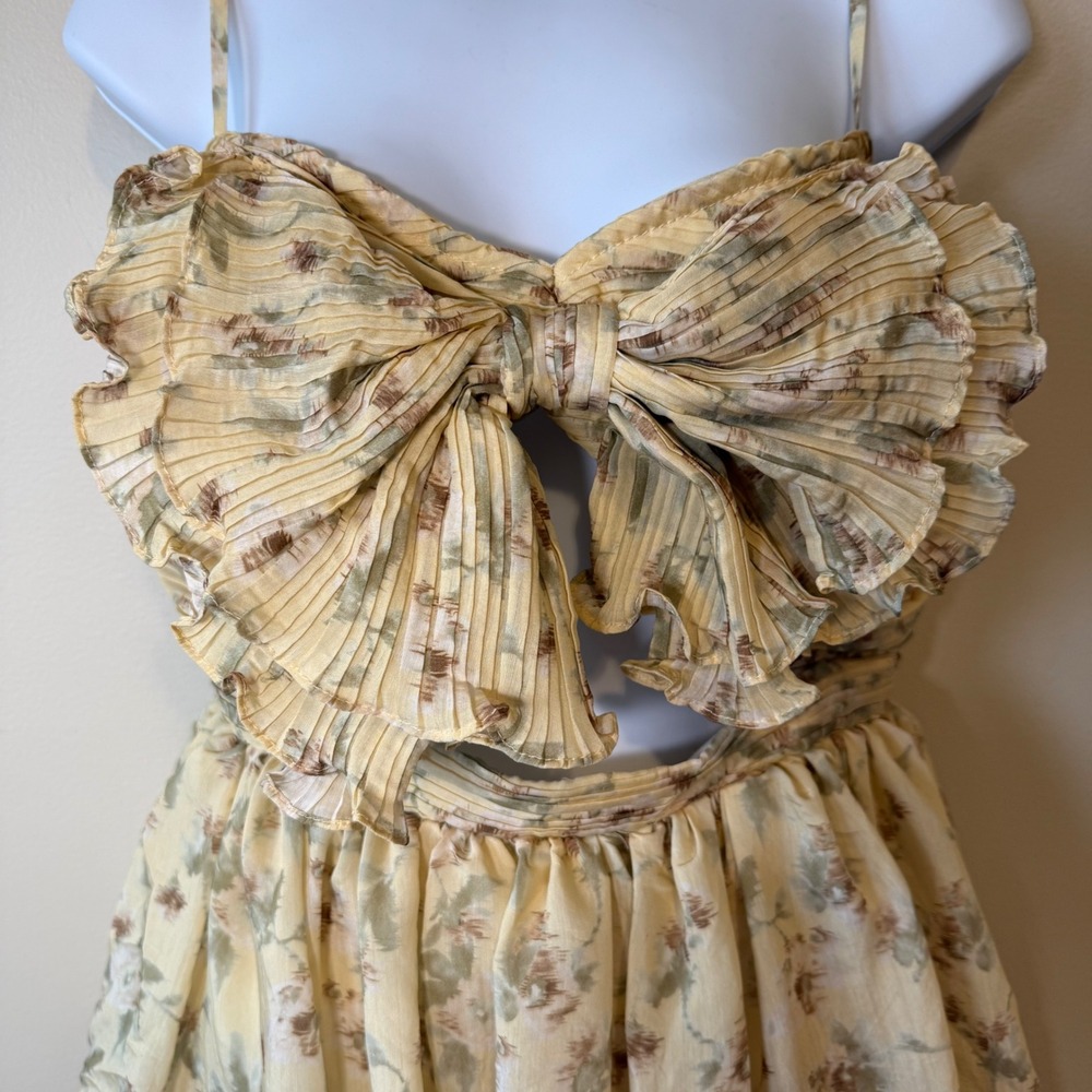 Women's Yellow Floral Tiered Midi Dress with Tie Front - Picture 6 of 10